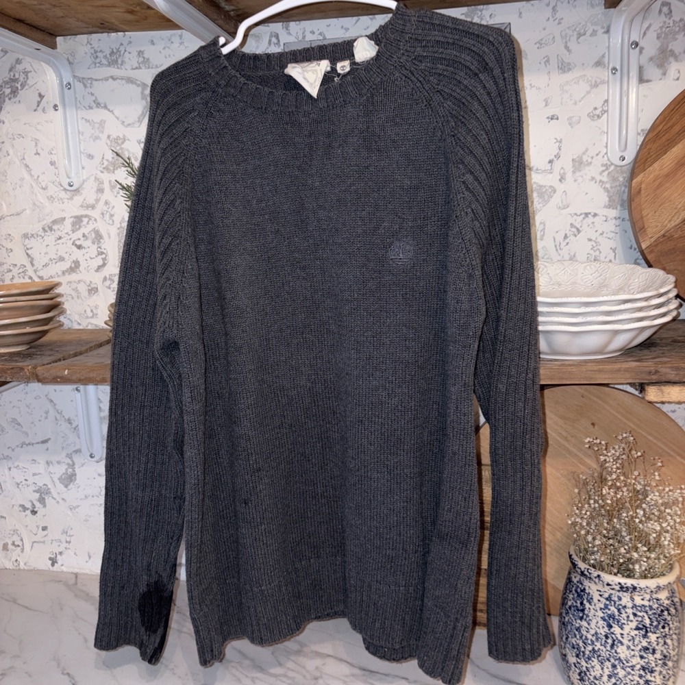 Vtg Timberland 100% Cotton Ribbed Knit Gray Pullover Cozy Y2K Sweater Men's M
